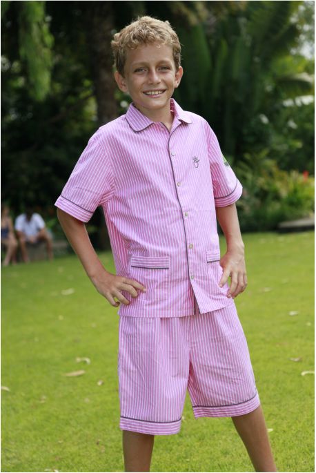 Pyjama court Garcon Ulrich a rayures roses L orangerie