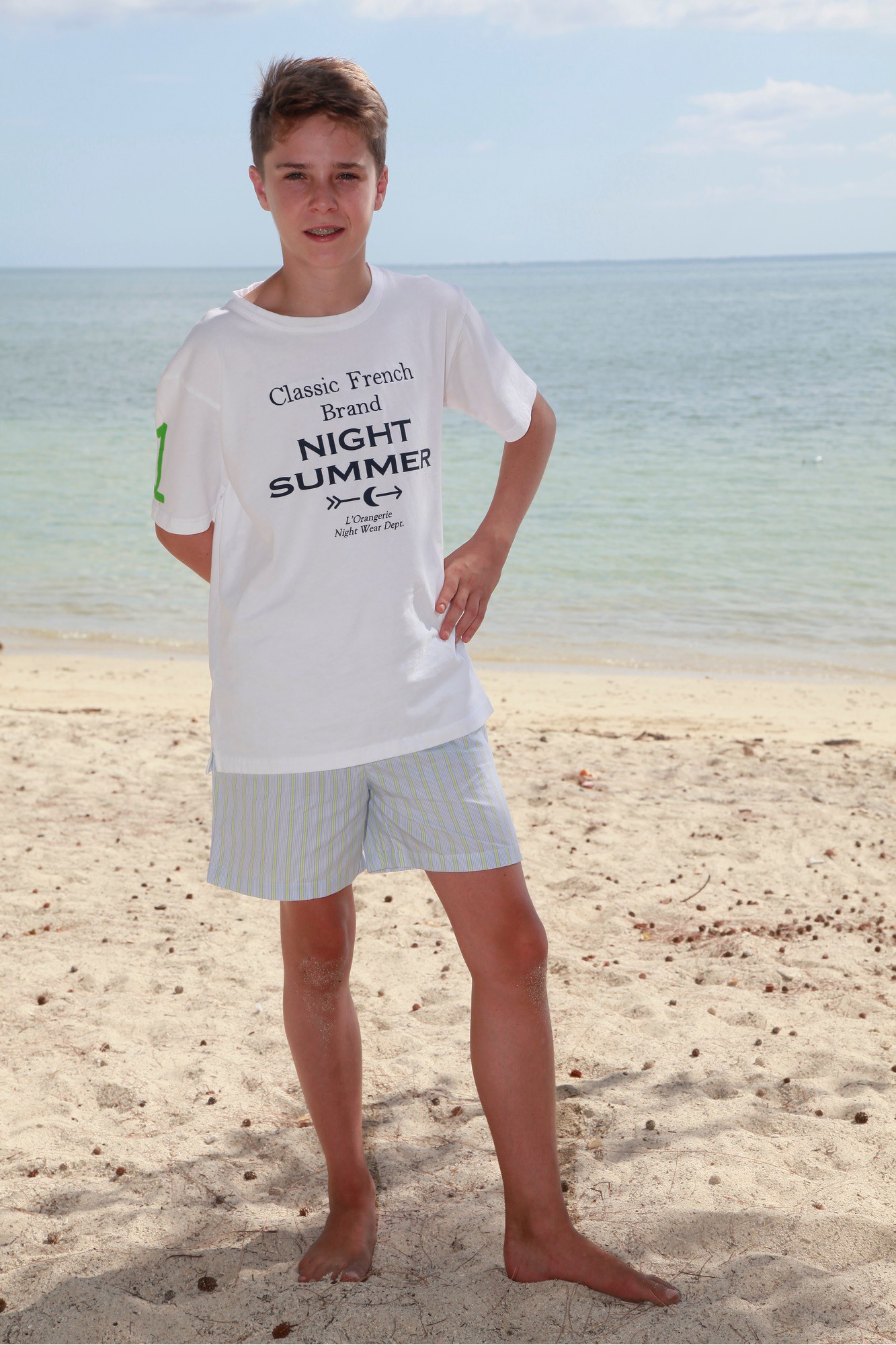 Pyjama court a rayures ciel vert pomme pour garcon Junior L orangerie