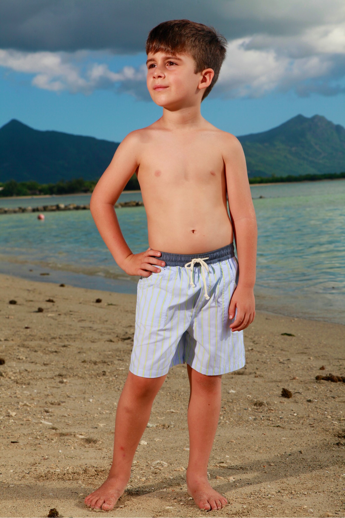 Maillot de bain Garçon Poisson à rayures ciel et vert pomme - L