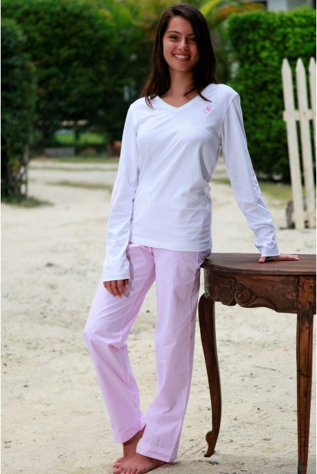 Pyjama Long à rayures rose pour Femme avec T-Shirt Victoire